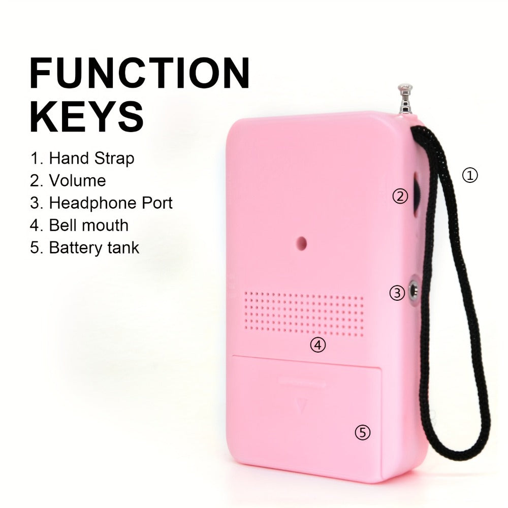 Pocket AM/FM Radio with Manual Tuner, Telescopic Antenna, Wrist Strap and Pink or Black Case