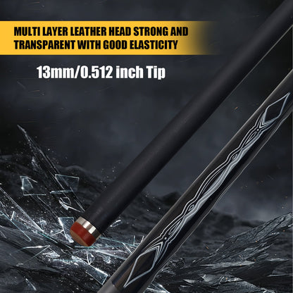 57-Inch Carbon Fiber Pool Cue with 13mm Tip, Two-Piece Black Patterned Design and Metal Joint
