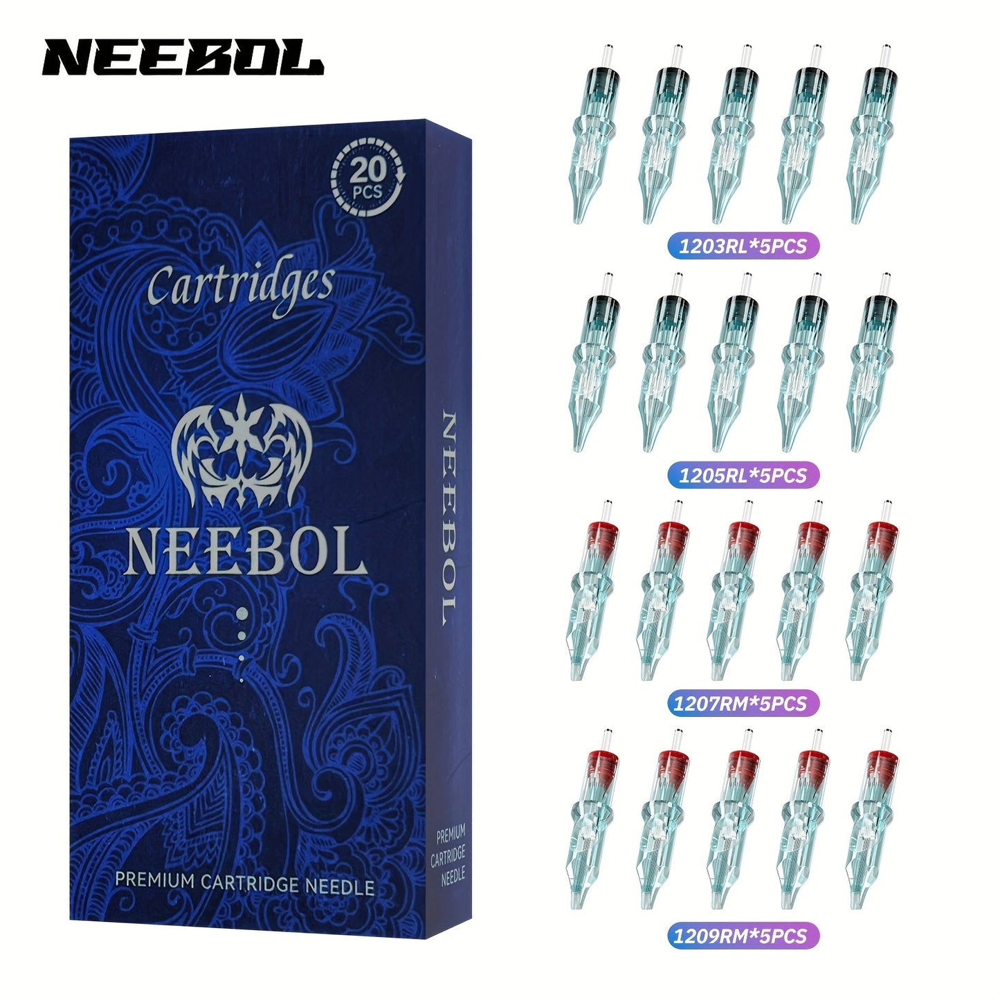 Tattoo Cartridge Needles with Neebol Label, 20-Piece #12 RL RM Mix or 50-Piece #12 RL Pack