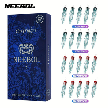 Tattoo Cartridge Needles with Neebol Label, 20-Piece #12 RL RM Mix or 50-Piece #12 RL Pack