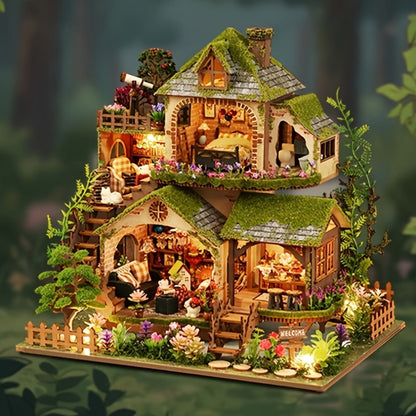 Wooden Forest Hut Miniature Model Kit with Multi-Level Cabin Scene, Lighting Details and Forest Adventures Label