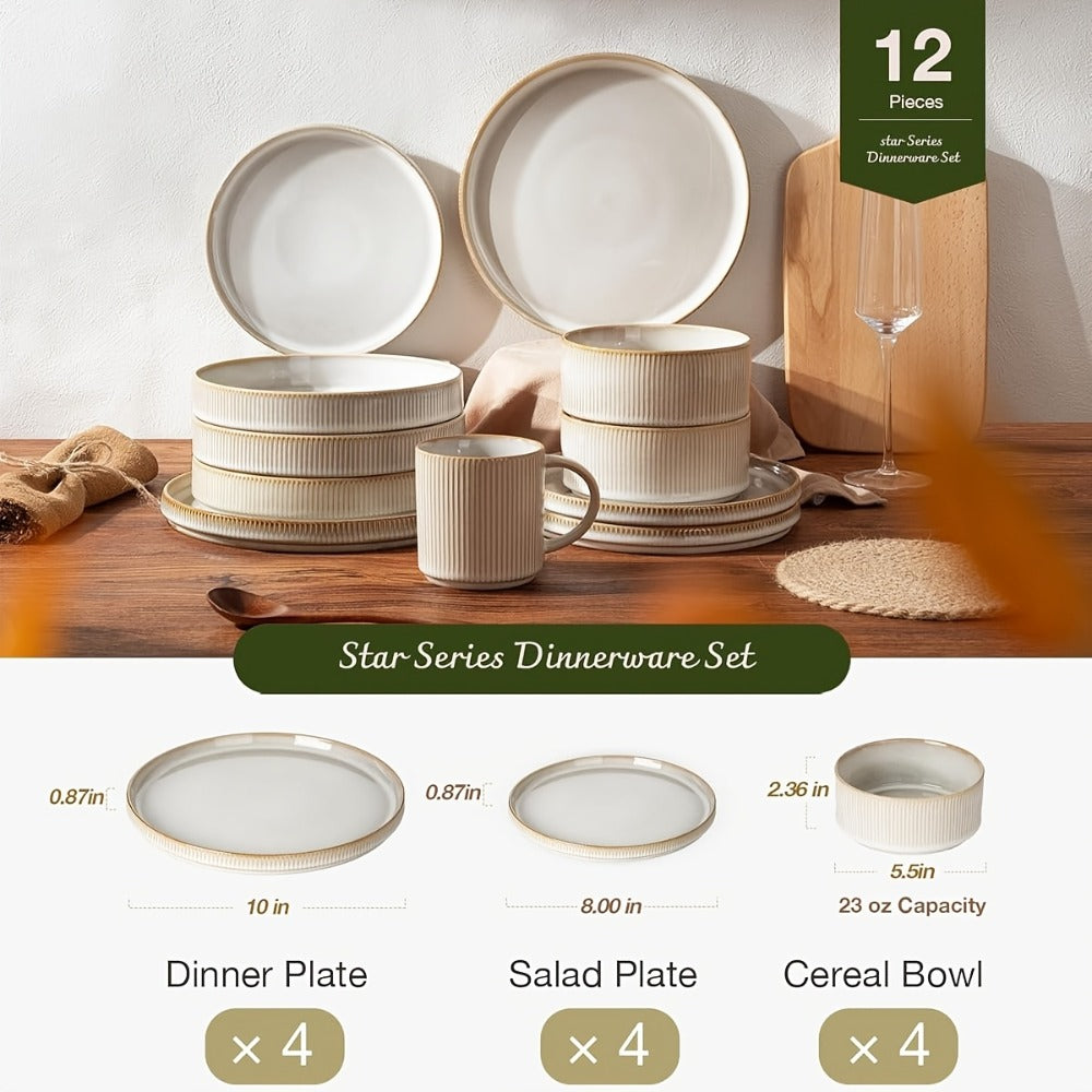 12-Piece Ribbed Dinnerware Set for Four with Dinner Plates, Salad Plates and Cereal Bowls in Two Cream Tones