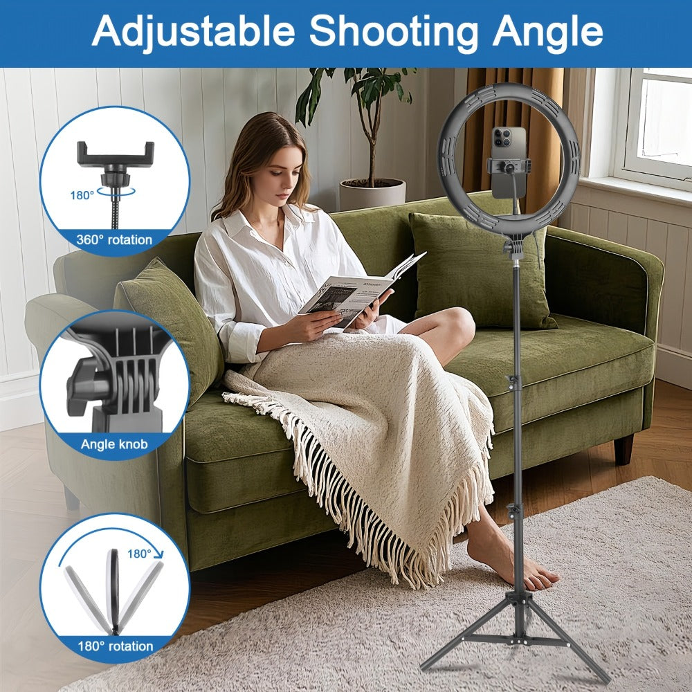 LED Ring Light 10/12 Inch with Tripod Stand & Phone Holder – 3 Color Modes, 12 Brightness Levels, USB Powered Selfie Light for Makeup, Photography, Video & Streaming