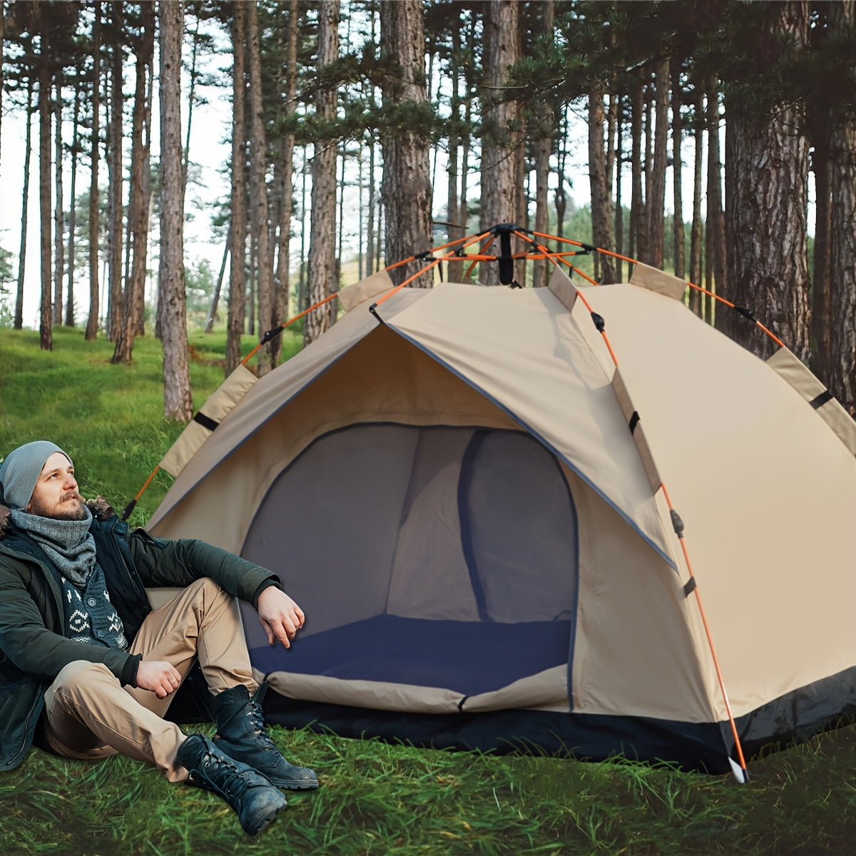 Camping Tent 4-Person Polyamide Pop-Up with Two Doors, Optional Windows and Small or Large Sizes