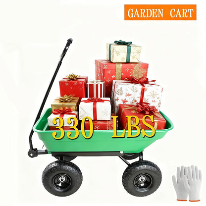 Garden Cart Heavy Duty Steel Yard Wagon 220 Lb Capacity Dump Cart with 10 Inch Pneumatic Tires All Terrain Utility Cart for Lawn Farm Gardening Green