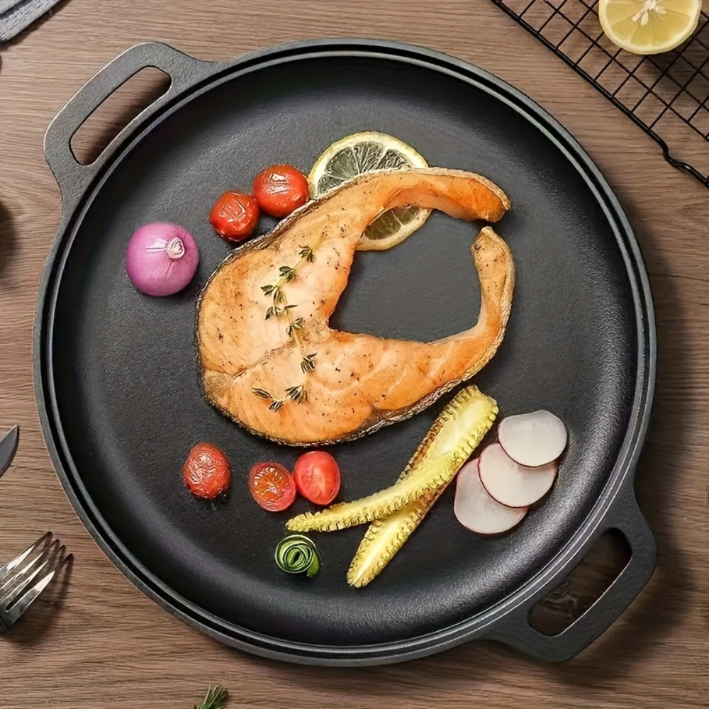 32cm Cast Iron Skillet with Dual Loop Handles and Shallow Round Profile for Gas, Induction, Oven or Campfire