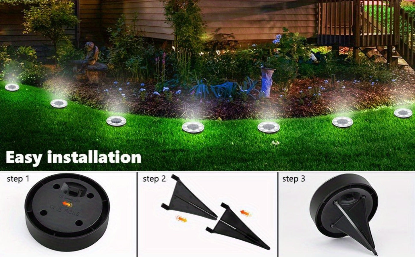 Solar Ground Lights 8 Pack 8-LED - Ultra Bright Semi-Recessed Outdoor Floor Lights for Garden Pathway Driveway Deck Staircase Pool, Warm White Dusk to Dawn Solar Step Lights Weatherproof