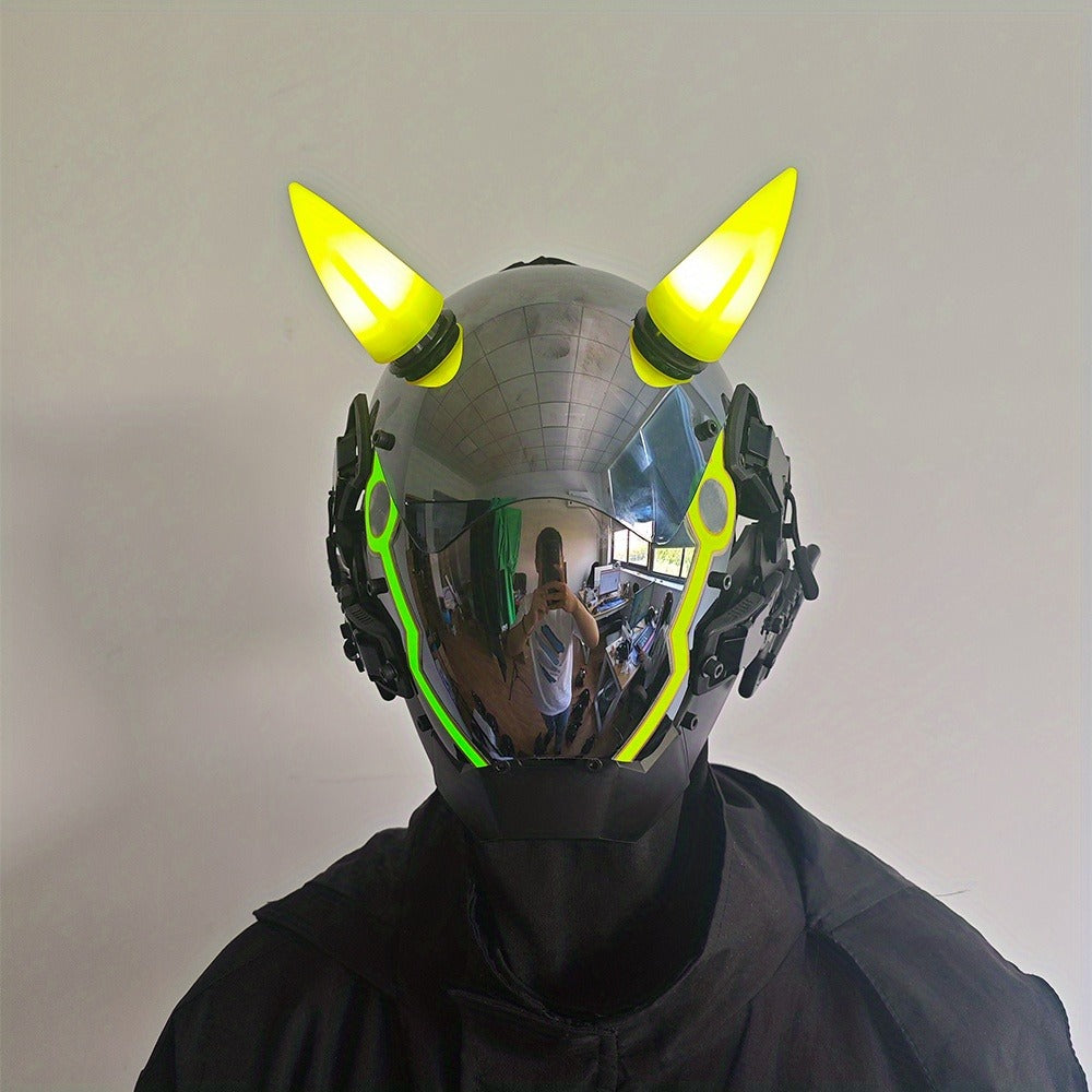Pink LED Cyberpunk Costume Mask with Horned Full-Face Helmet, Reflective Visor and Lighted Accent Lines