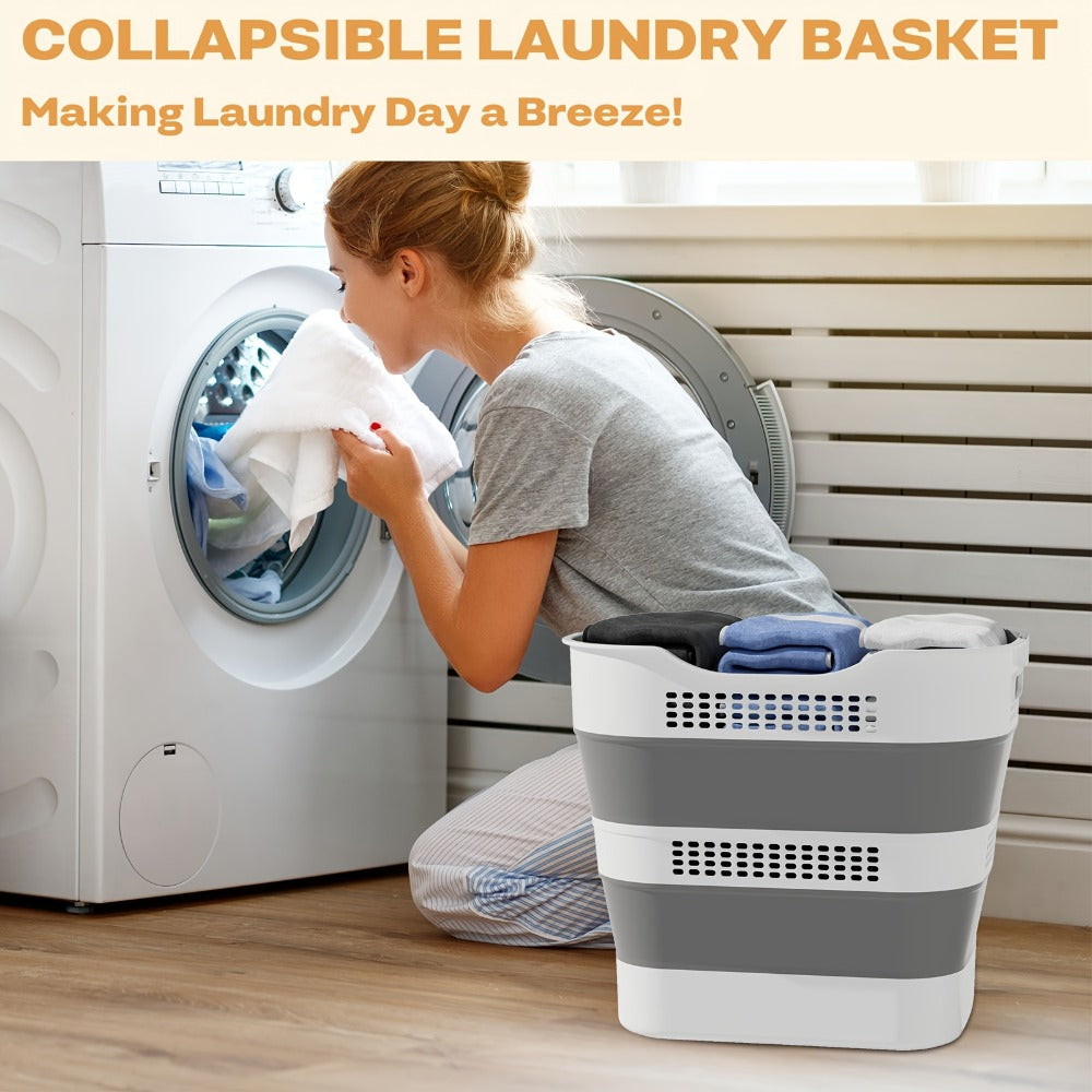 Collapsible 43L Laundry Basket in Grey with Carry Handles, Single or 2-Pack Folding Checkout Options