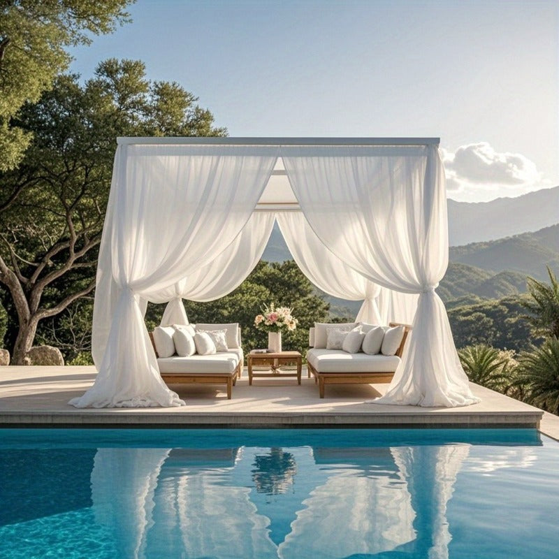 Four-Piece White Sheer Outdoor Curtain Set with Rod-Pocket Top and 152 x 304 cm Panel Size