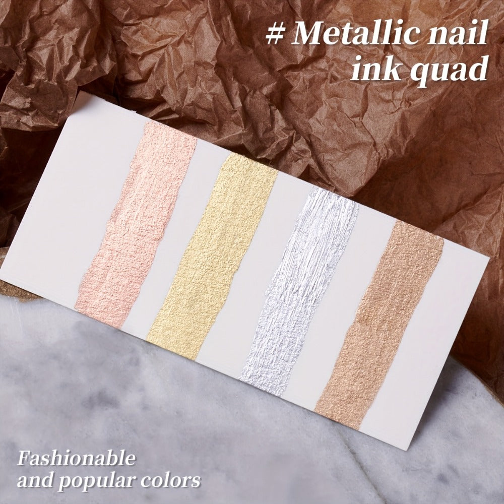Metallic Smudge Nail Art Gel Four-Bottle Set in Gold, Silver and Rose Tones with Narrow Cap Brushes