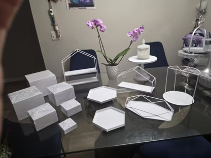 Display Stands 6pcs Five-Sided Square Buffet Risers - White Transparent Dessert Cake Display Storage Rack for Party Wedding Catering Retail Boutique Gallery Home Decor