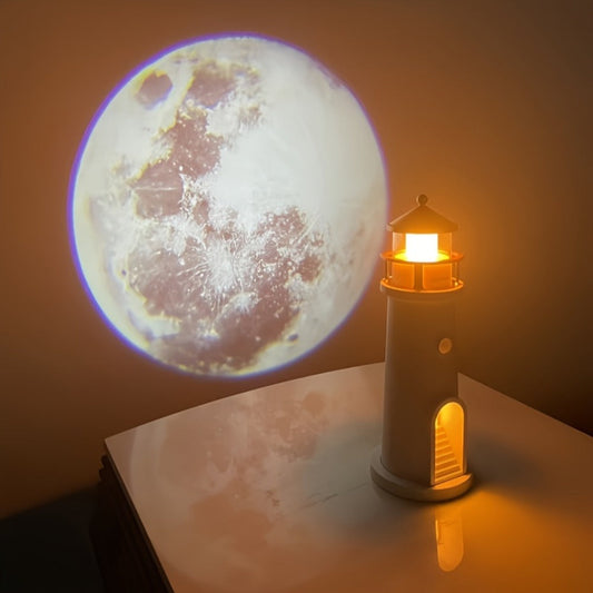 Moon Lighthouse Projector Night Light – Motion Sensor LED Lamp with USB Charging, Always-On Mode, Moonlight Ocean Projection, Decorative Ambient Light & Unique Gift for Home Bedroom Decor