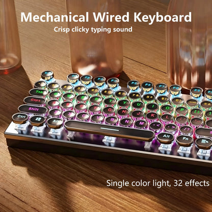 Steampunk Typewriter Mechanical Keyboard with Blue Switches – Retro Old-Fashioned USB Wired Gaming & Office Keyboard for Desktop Laptop PC Windows, Unique Aesthetic Gift for Gamers & Typists