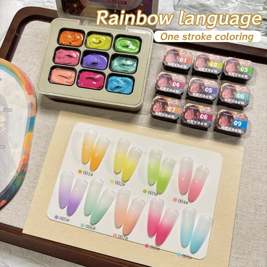 Gel Nail Polish MORDDA Nine-Color Rainbow Grid Set for Gradient and Ombre Manicure Art in One Compact Case
