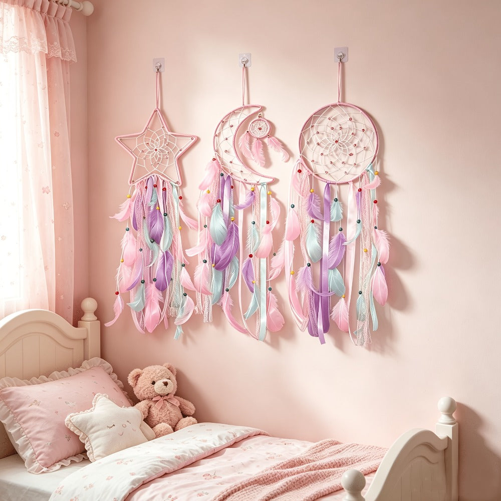 Dream Catcher Set of 3 - Moon Sun Star Wall Hanging Decor for Bedroom, Boho Room Decor for Teen Girls Kids