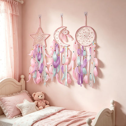 Dream Catcher Set of 3 - Moon Sun Star Wall Hanging Decor for Bedroom, Boho Room Decor for Teen Girls Kids