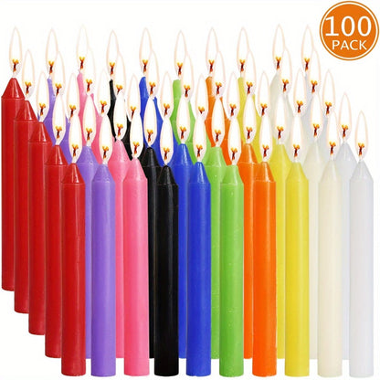 Assorted Color Soy Wax Taper Candle Set with 100 Compact 4-Inch Candles in Straight Form and Boxed Package