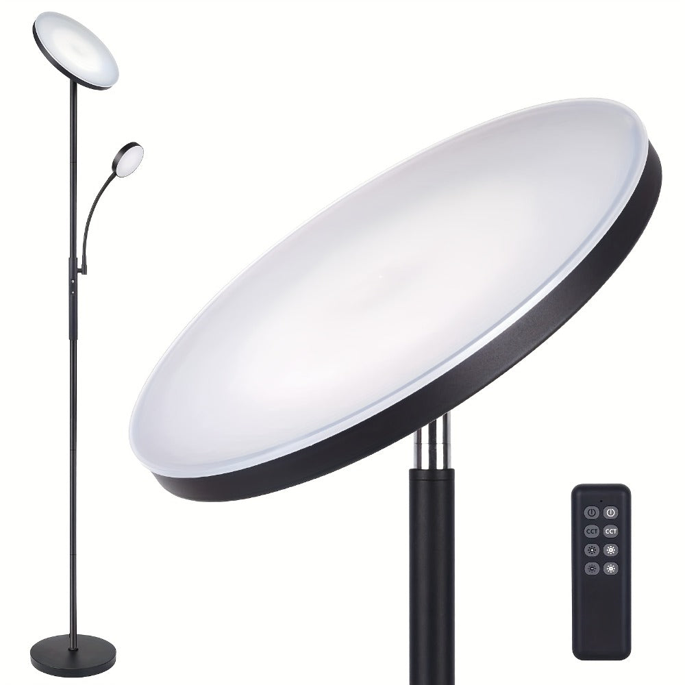 Dual-Head Torchiere Floor Lamp with 27W Main Light, 7W Reading Arm, Four Color Temperature Modes and Remote or Touch Control