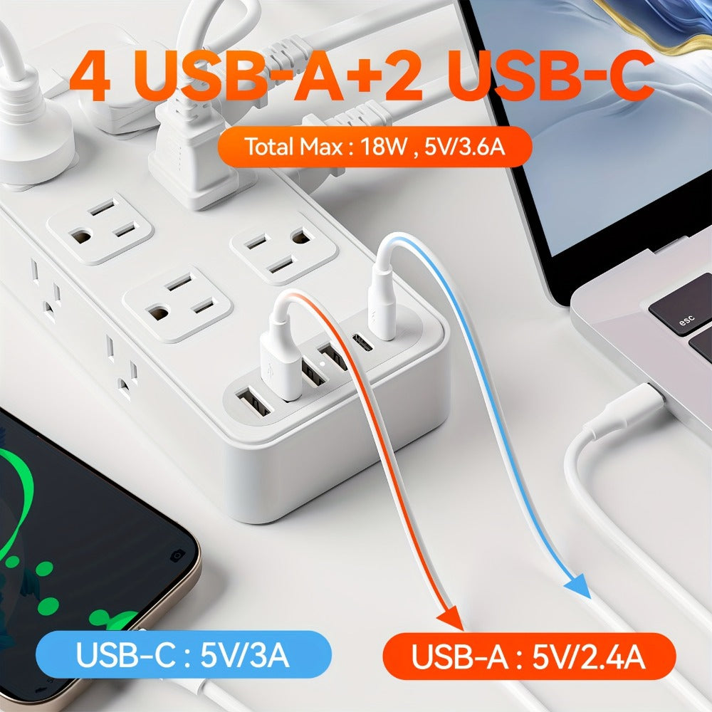 Power Strip Flat Plug 18-in-1 Surge Protector with 12 AC Outlets, 4 USB-A, 2 USB-C and 5- or 10-Foot Cord