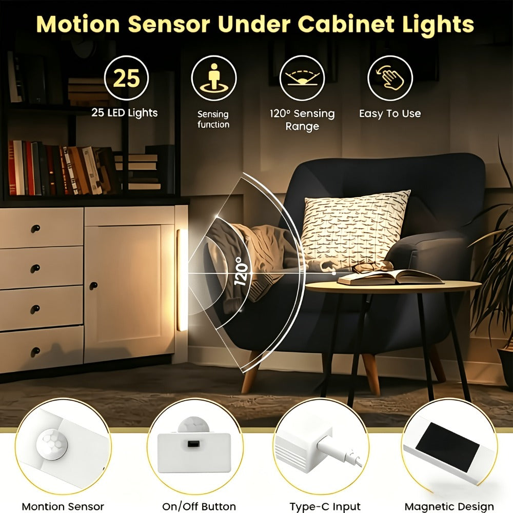 Six-Pack 12 cm Motion Sensor Cabinet Lights with USB Rechargeable Power, Magnetic Mounting and Three Modes