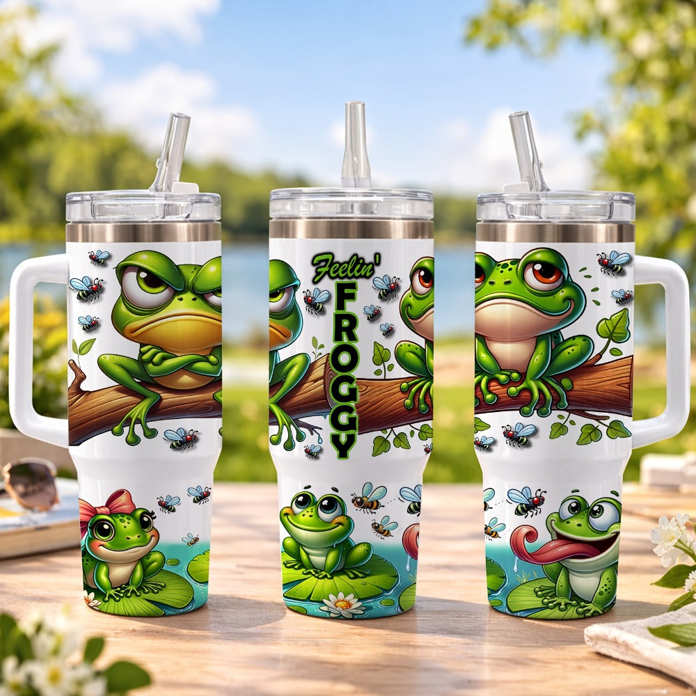 Frog Print Water Bottle Tumbler with Handle, Clear Foldable Straw and 16oz or 40oz Capacity Options