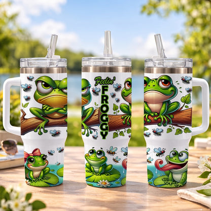 Frog Print Water Bottle Tumbler with Handle, Clear Foldable Straw and 16oz or 40oz Capacity Options