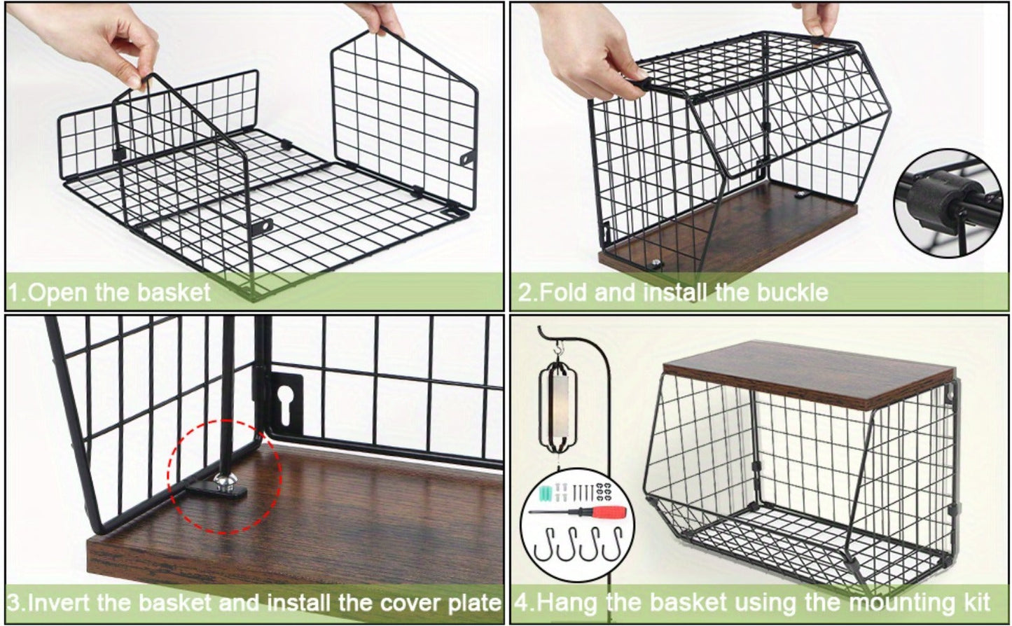 Wall-Mounted Fruit Basket with Wooden Cover - 2-Tier Metal Kitchen Storage Basket with Hooks, Stackable Hanging Organizer for Potatoes Onions Vegetables