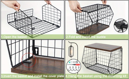 Wall-Mounted Fruit Basket with Wooden Cover - 2-Tier Metal Kitchen Storage Basket with Hooks, Stackable Hanging Organizer for Potatoes Onions Vegetables