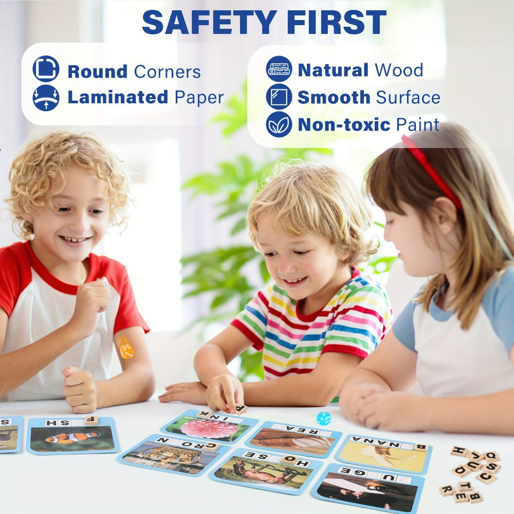 Spelling Word Game with 224 Picture Flash Cards, 208 Wooden Letter Tiles and Two Dice for Ages Four Plus