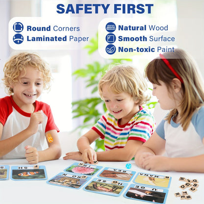 Spelling Word Game with 224 Picture Flash Cards, 208 Wooden Letter Tiles and Two Dice for Ages Four Plus