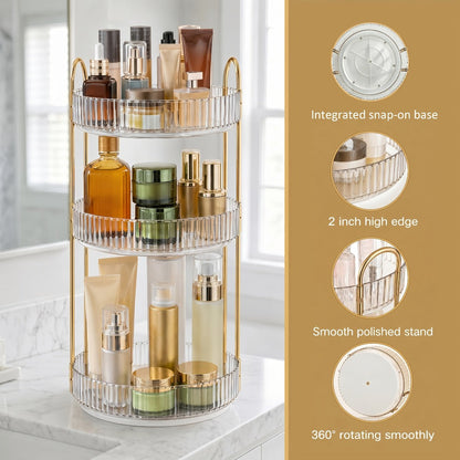 360° Swivel Makeup Organizer 3-Tier Rotating Countertop Storage Rack – Large Capacity Bathroom Dresser Vanity Organizer for Perfume, Skincare & Cosmetics, Green Amber Clear