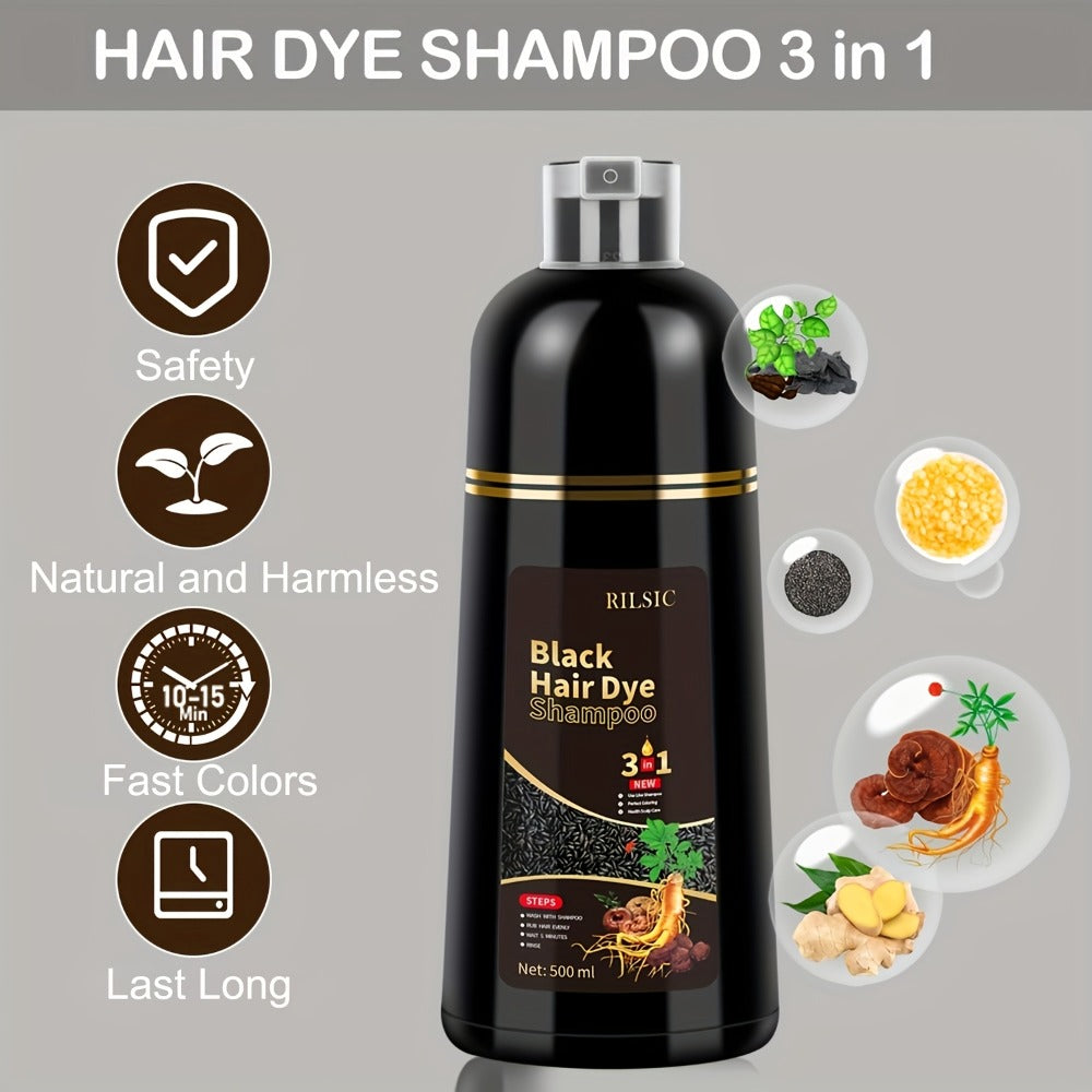 Herbal Hair Dye Shampoo 3-in-1 with Plant Squalene 2pcs 16.91oz — Instant Gray Hair Coverage, Natural Color in Minutes, Brown Dark Brown & Black, Unisex Men & Women