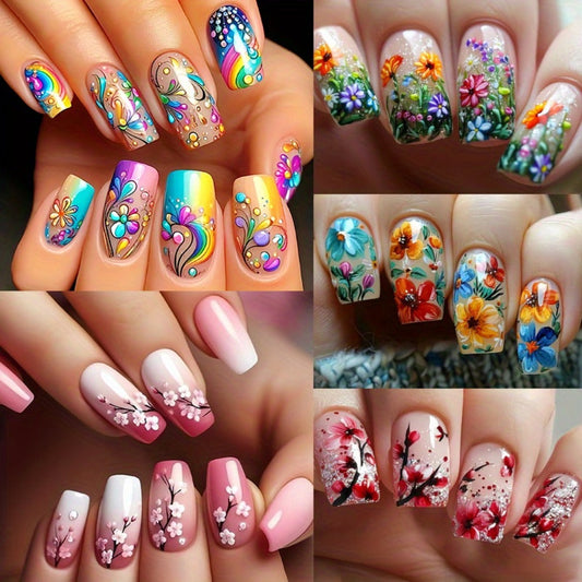 Floral Press On Nails 120 Pieces 5 Packs – Glossy Spring Summer False Nails Medium Square Full Cover Fake Nails with Striped & Mixed Color Designs | Removable Nail Art Set for Women & Girls