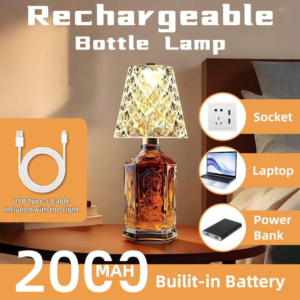 Rechargeable LED Bottle Table Lamp 2 Pack - Crystal Acrylic Wine Bottle Design, 2000mAh Cordless, 3 Color Modes, Ambient Night Light for Bedroom, Dining Table, Bar & Home Decor