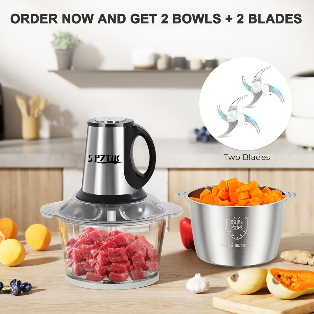 Electric Food Chopper with 2 Bowls & Dual-Level Blades – Mini Food Processor for Grinding Meat Chopping Nuts Salad Prep – Upgraded Compact Kitchen Chopper for Home Use