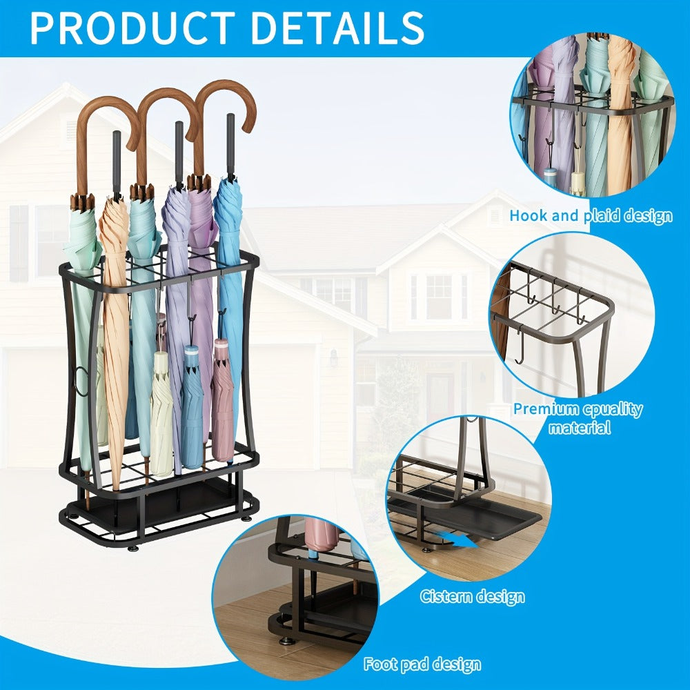 Freestanding Black Metal Umbrella Stand with Four Hanging Slots and Removable Bottom Drip Tray
