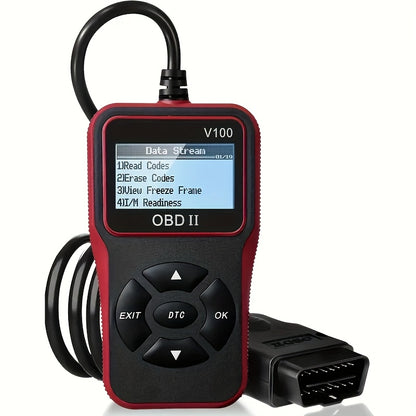 V100 OBD2 Scanner with Four-Line Menu, 12.4 x 7cm Body, Tethered 16-Pin Plug and Four Color Options