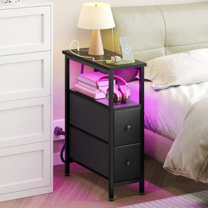 Nightstand with Charging Station Slim LED Bedside Table with Fabric Drawers, Narrow End Table for Small Spaces Bedroom Dorm Living Room Couch, Skinny Side Table Storage Unit Brown Black White