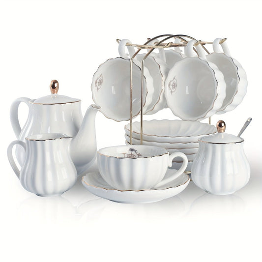 Porcelain Tea Set for 6 - 22 Piece British Royal Floral Service with Teapot, Cups & Saucers, Sugar Bowl, Cream Pitcher & Tea Strainer