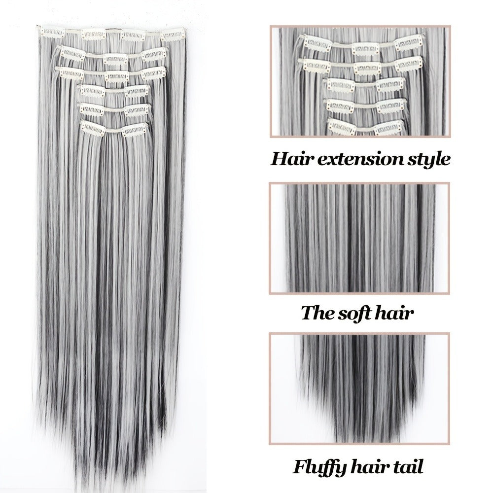 Hair Extensions Straight 24-Inch Synthetic Clip-In Set with Six Wefts in Black or Space Gray