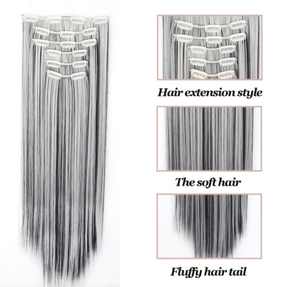 Hair Extensions Straight 24-Inch Synthetic Clip-In Set with Six Wefts in Black or Space Gray