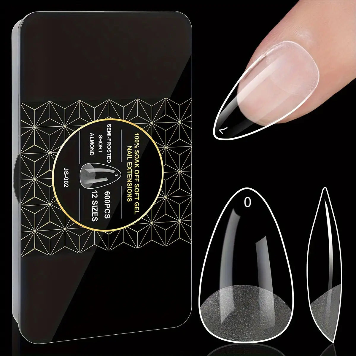 Clear Full-Cover Nail Tips, 600-Piece Set in Nine Almond, Oval, Stiletto, Coffin and Square Length Options