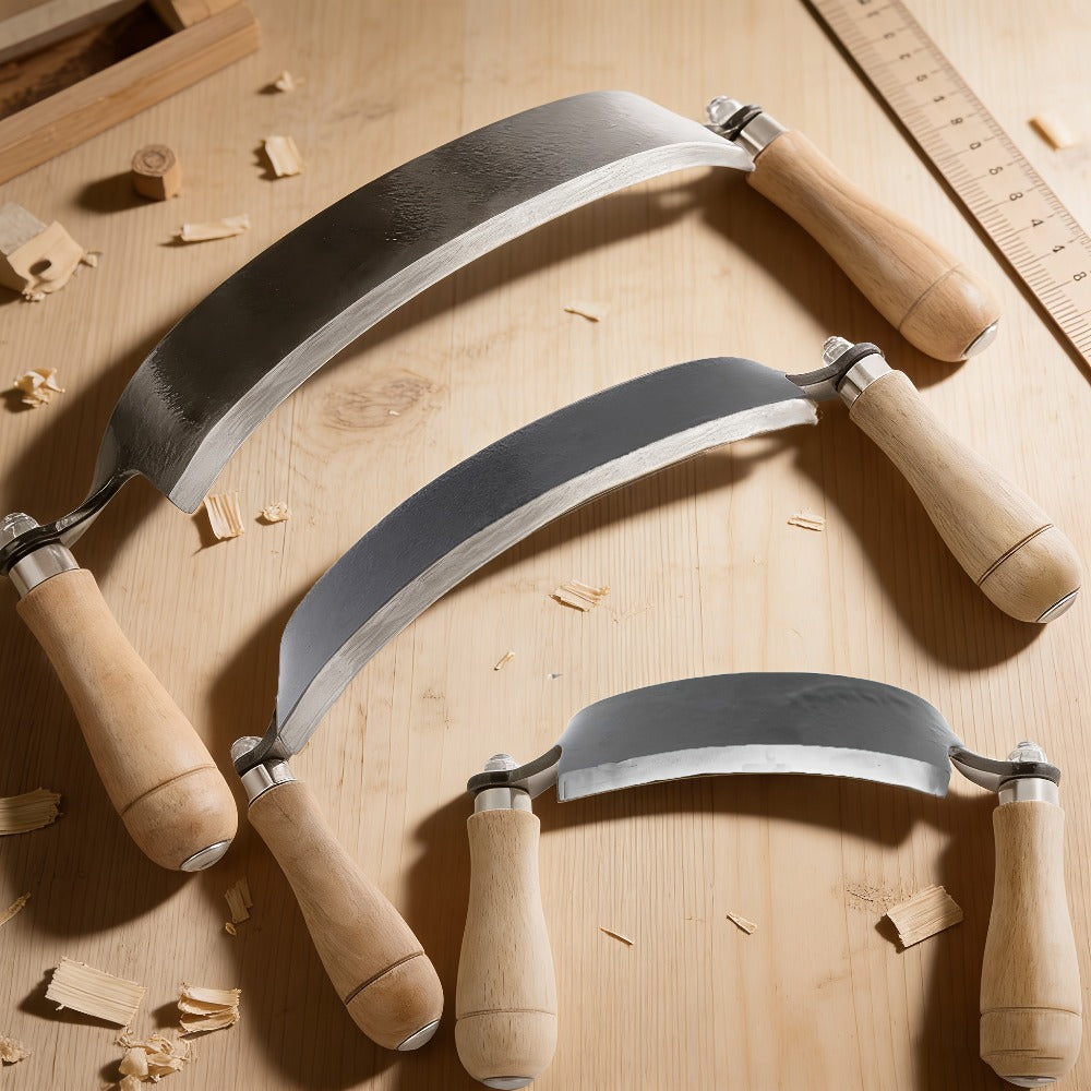 Curved Drawknife Woodworking Tool with Two Wood Handles in 5-, 8- or 10-Inch Blade Length Options
