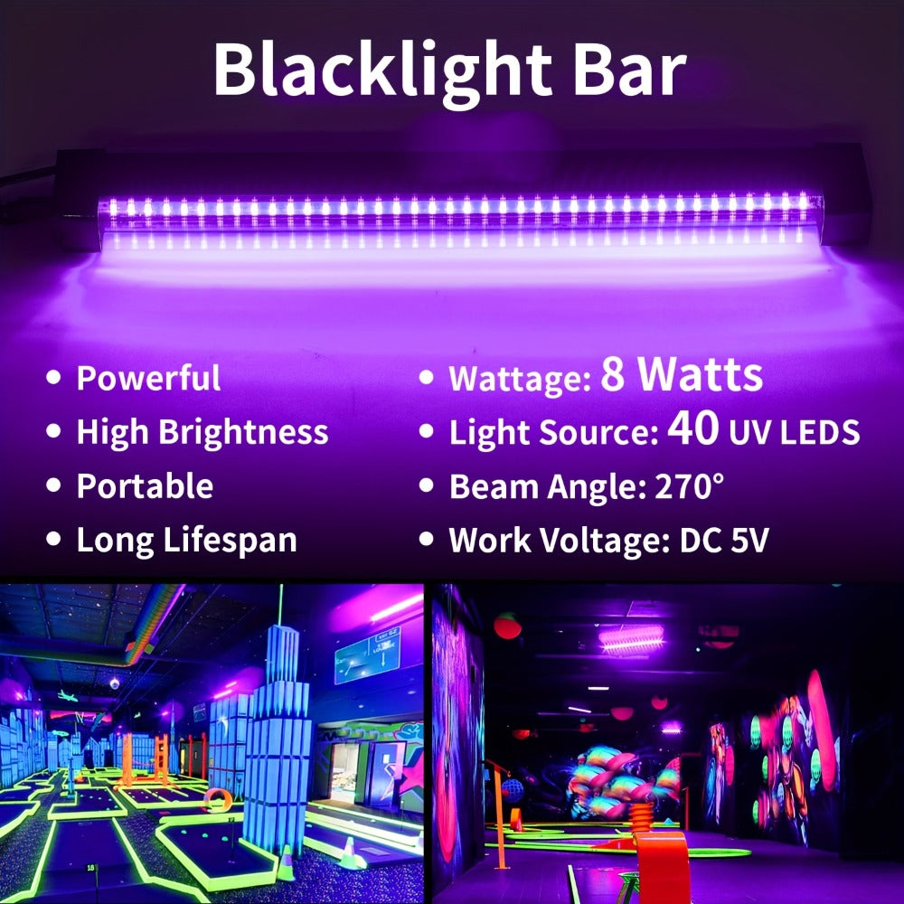 UV Black Light Bars & Strips 8-Piece Set – 385-400nm USB Powered 5V LED Blacklight for Glow Party, Halloween, Neon Party, Body Paint & Fluorescent Art (4x32cm + 4x250cm)