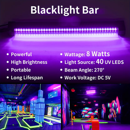 UV Black Light Bars & Strips 8-Piece Set – 385-400nm USB Powered 5V LED Blacklight for Glow Party, Halloween, Neon Party, Body Paint & Fluorescent Art (4x32cm + 4x250cm)
