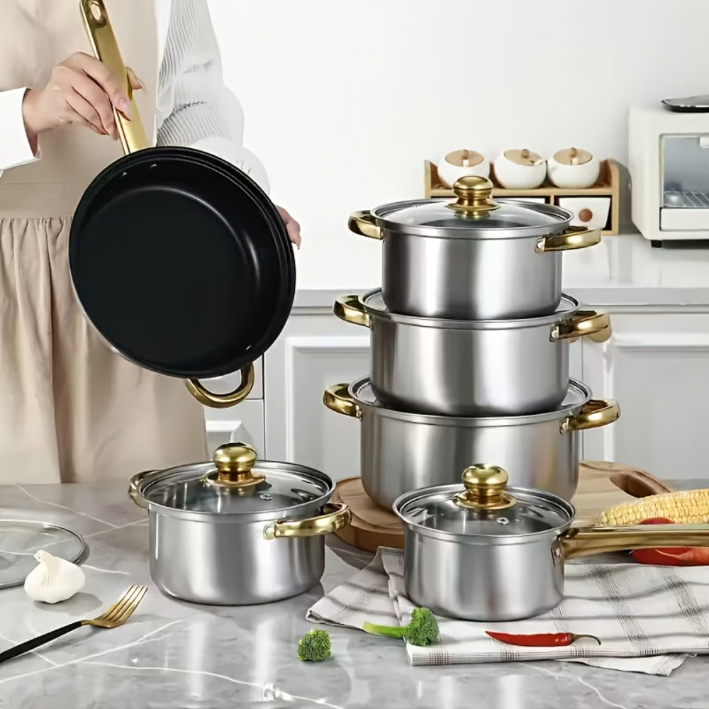 Stainless Steel Deep Pot Cookware Set 10 & 12 Piece with Lids & Dual Handles – Oven Safe Soup Hot Pot Pasta Seafood Stew Pots | Silver Pink Gold | Home Restaurant Cooking Gift Set