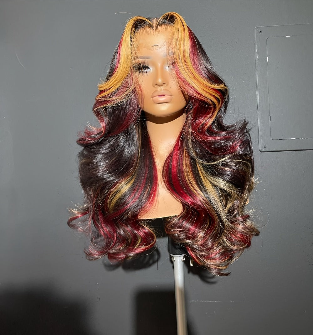 Lace Front Wig 28in Body Wave Highlight Style with 13x4 HD Lace, 180% Density, Combs and Strap