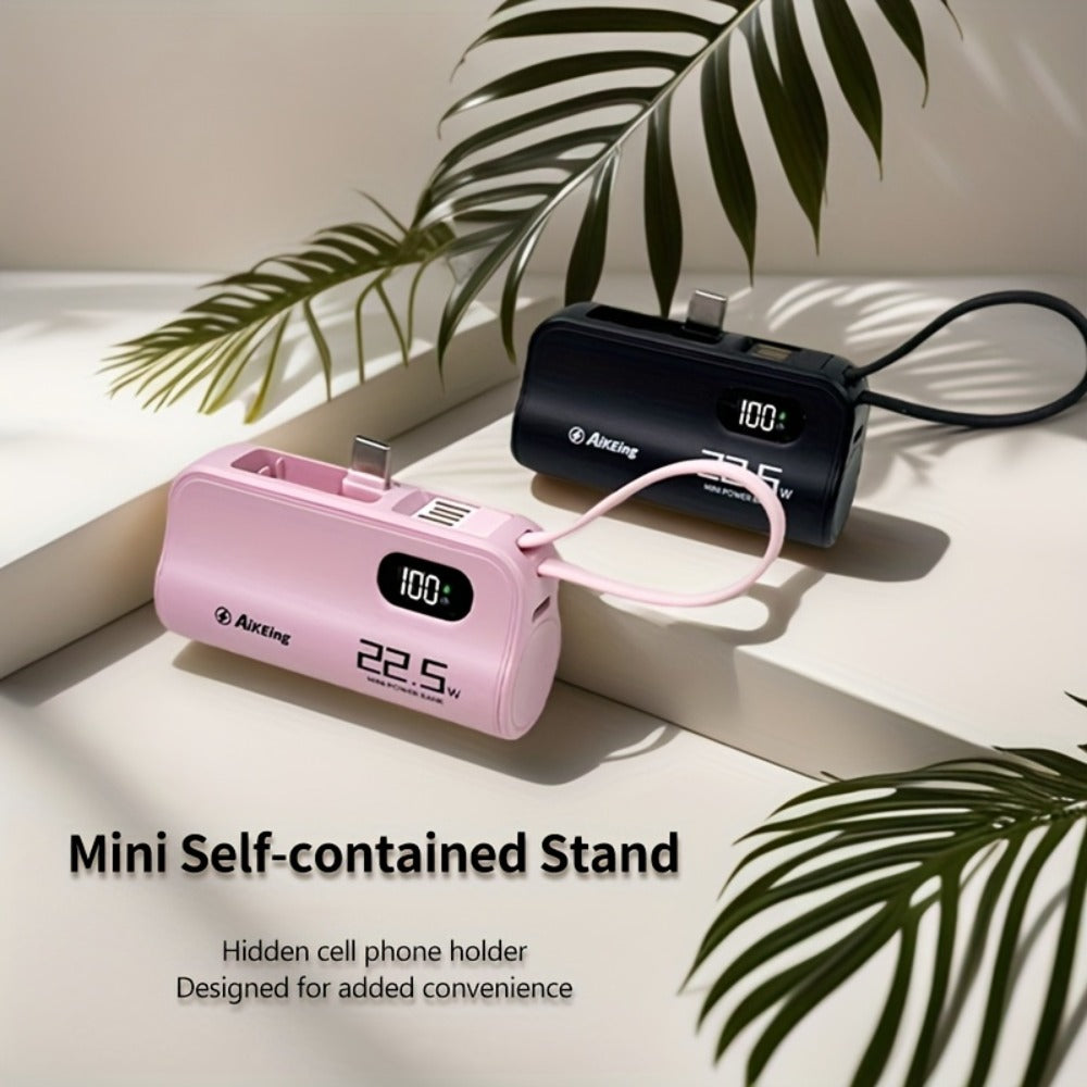 Mini Capsule Power Bank 5000mAh 22.5W Fast Charging Portable Charger Dual USB-C USB-A Pocket Sized for iPhone Android Samsung Travel Everyday Carry Black Pink Purple
