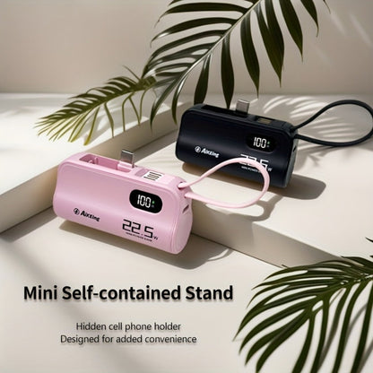 Mini Capsule Power Bank 5000mAh 22.5W Fast Charging Portable Charger Dual USB-C USB-A Pocket Sized for iPhone Android Samsung Travel Everyday Carry Black Pink Purple